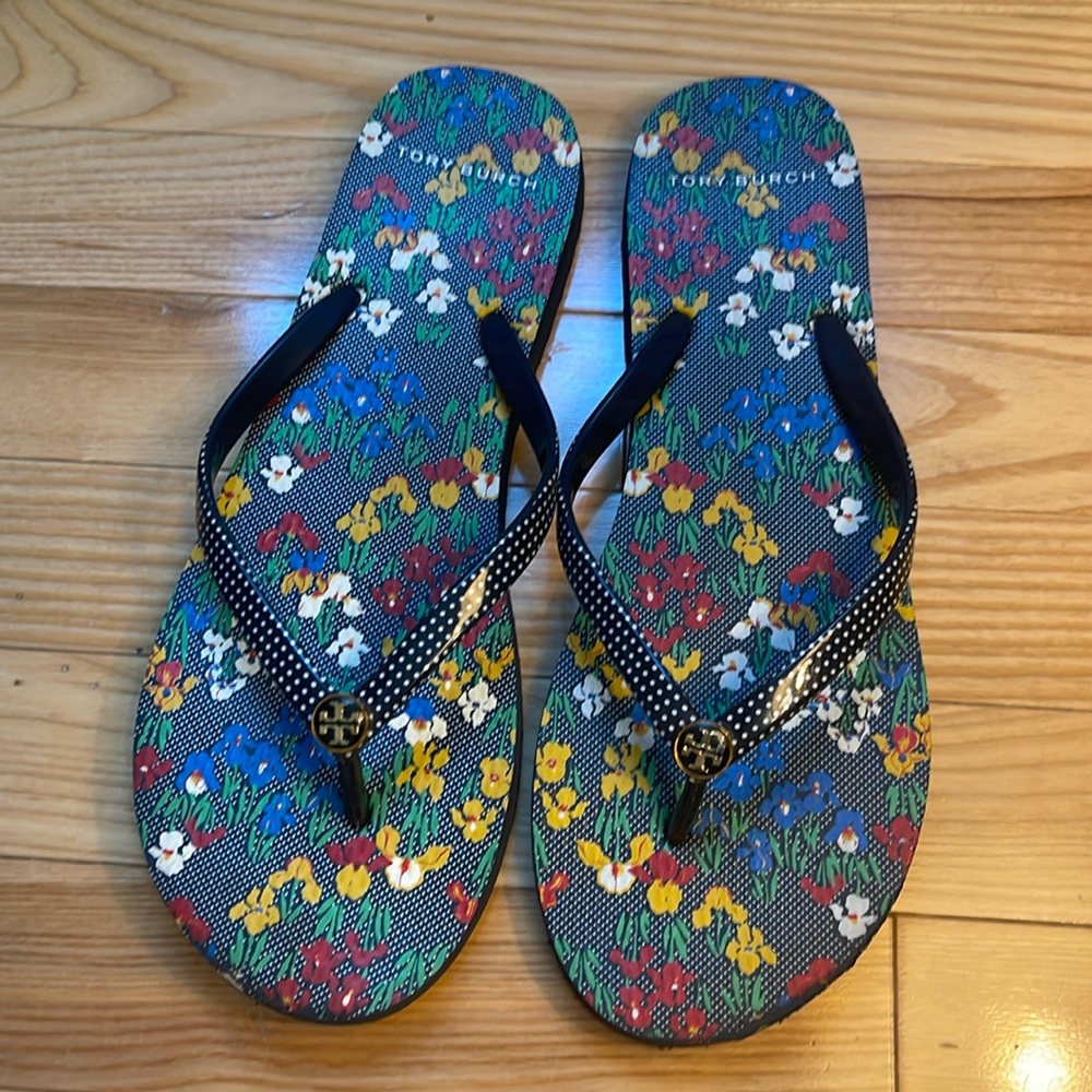 Vintage, blue floral Tory Burch flip flops size 10